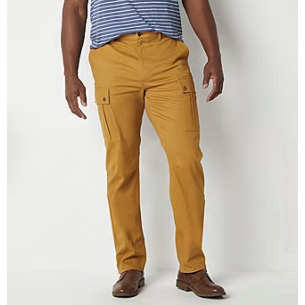 Frye and Co Mens Cargo Pants 36x30 Mustard Yellow Flat Front Straight Leg Twill